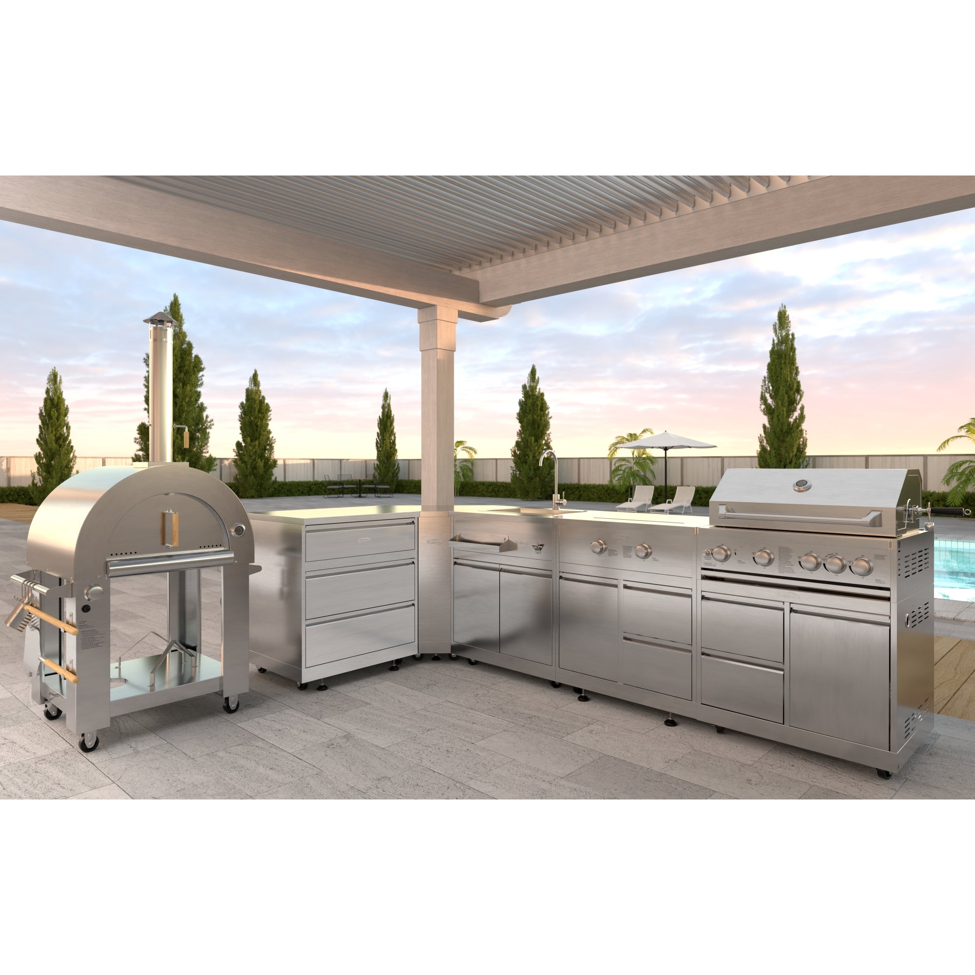 KoolMore Outdoor Kitchen Series Modular Kitchen with a Dual Fuel Pizza Oven, 3 Drawer Cabinet, Corner Cabinet, Sink, Side Buner, 30 in. BBQ Grill and Cabinet in Stainless-Steel