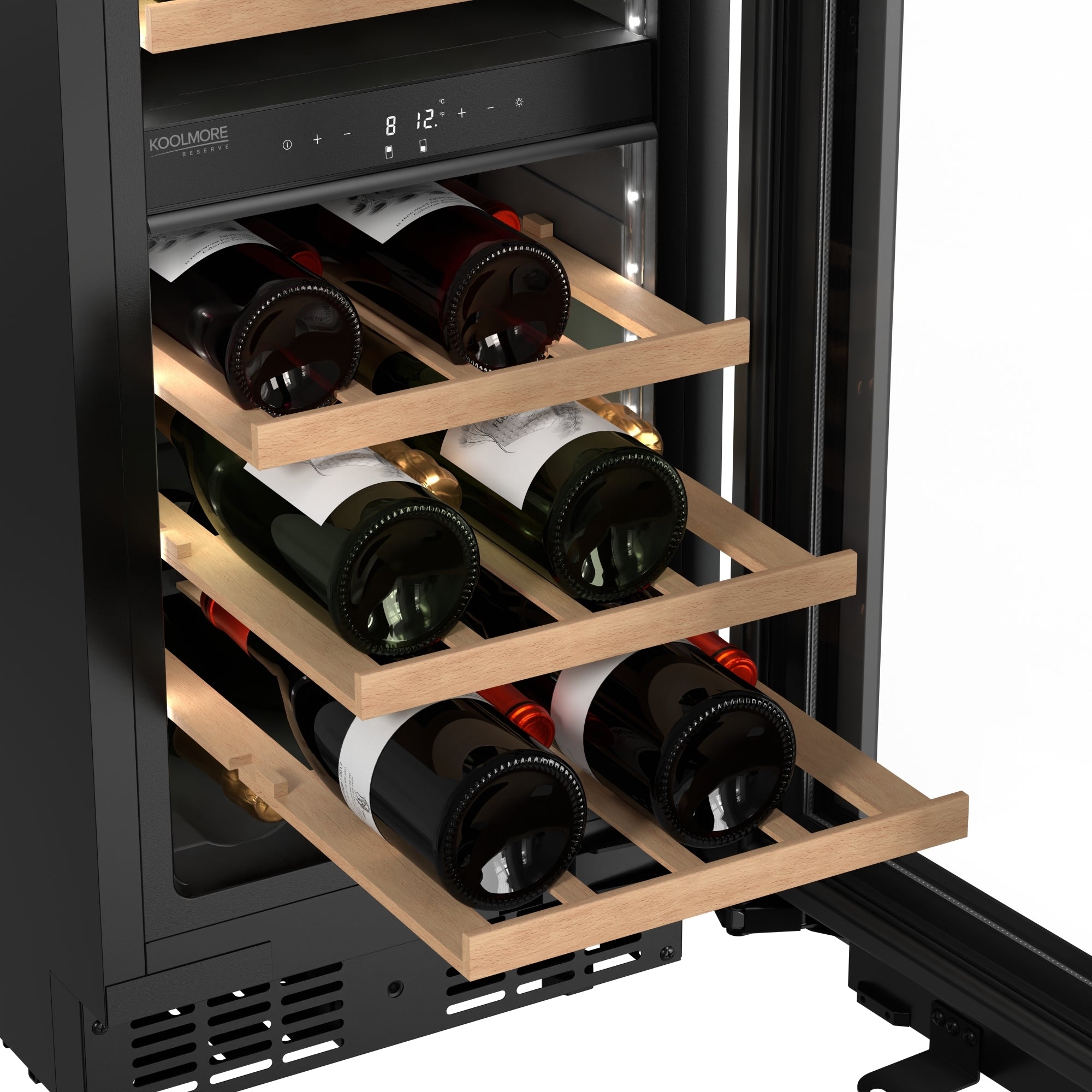 KoolMore Reserve 15 in. Under-Counter Panel Ready Dual Zone Built-in Wine Cooler with 23 Bottle Capacity and Wooden Shelves in Black