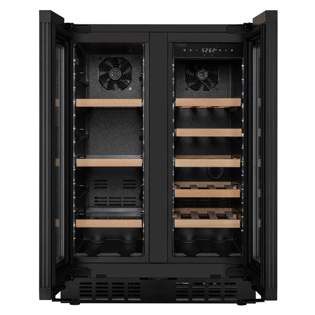 KoolMore Reserve 24 in. French Door Dual Zone Panel Ready Under-Counter Cooler with Wooden Shelves and 20 Bottle Capacity in the Right Zone and 2.1 Cu. Ft. on the Left in Black