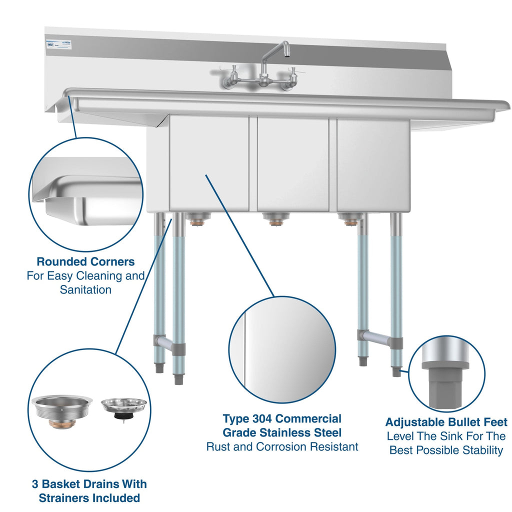 54 in. Three Compartment Stainless Steel Commercial Sink with Faucet and Drainboards, Bowl Size 10"x 10"x 14" SC101410-12B3FA .
