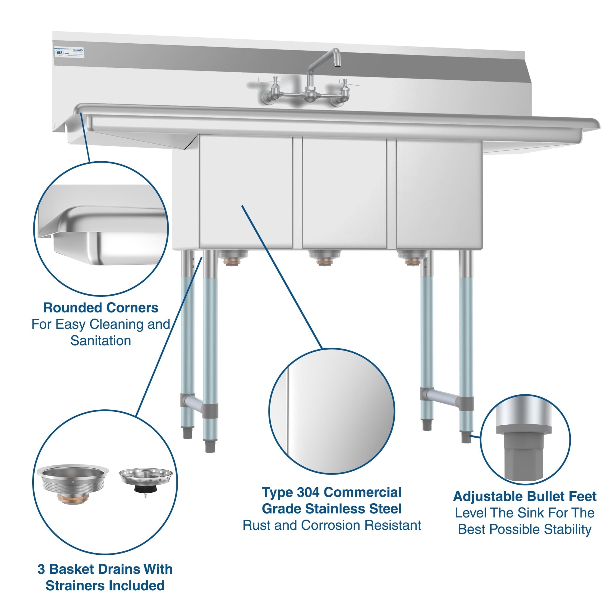 54 in. Three Compartment Stainless Steel Commercial Sink with Faucet and Drainboards, Bowl Size 10"x 10"x 14" SC101410-12B3FA .