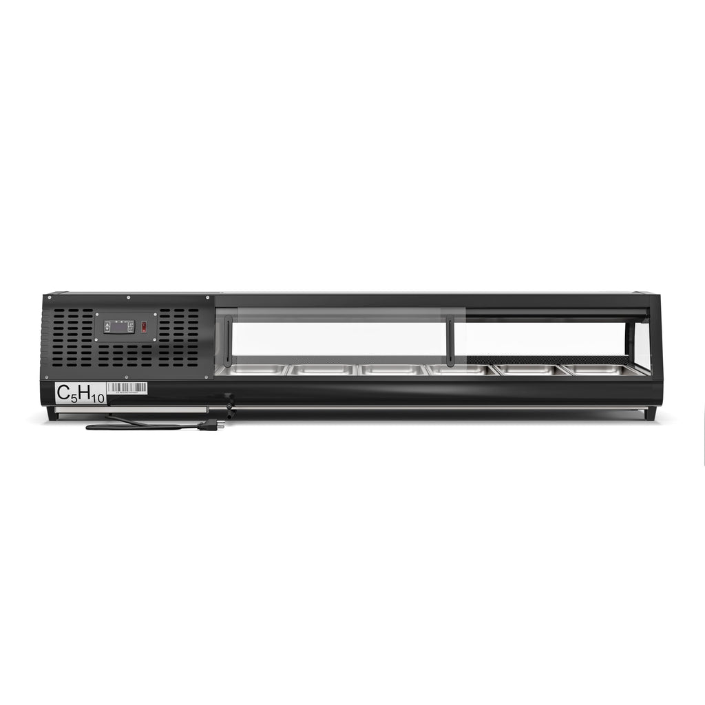 60 in. Glass Sushi Countertop Display Refrigerator with 6 Stainless Steel Trays in Black