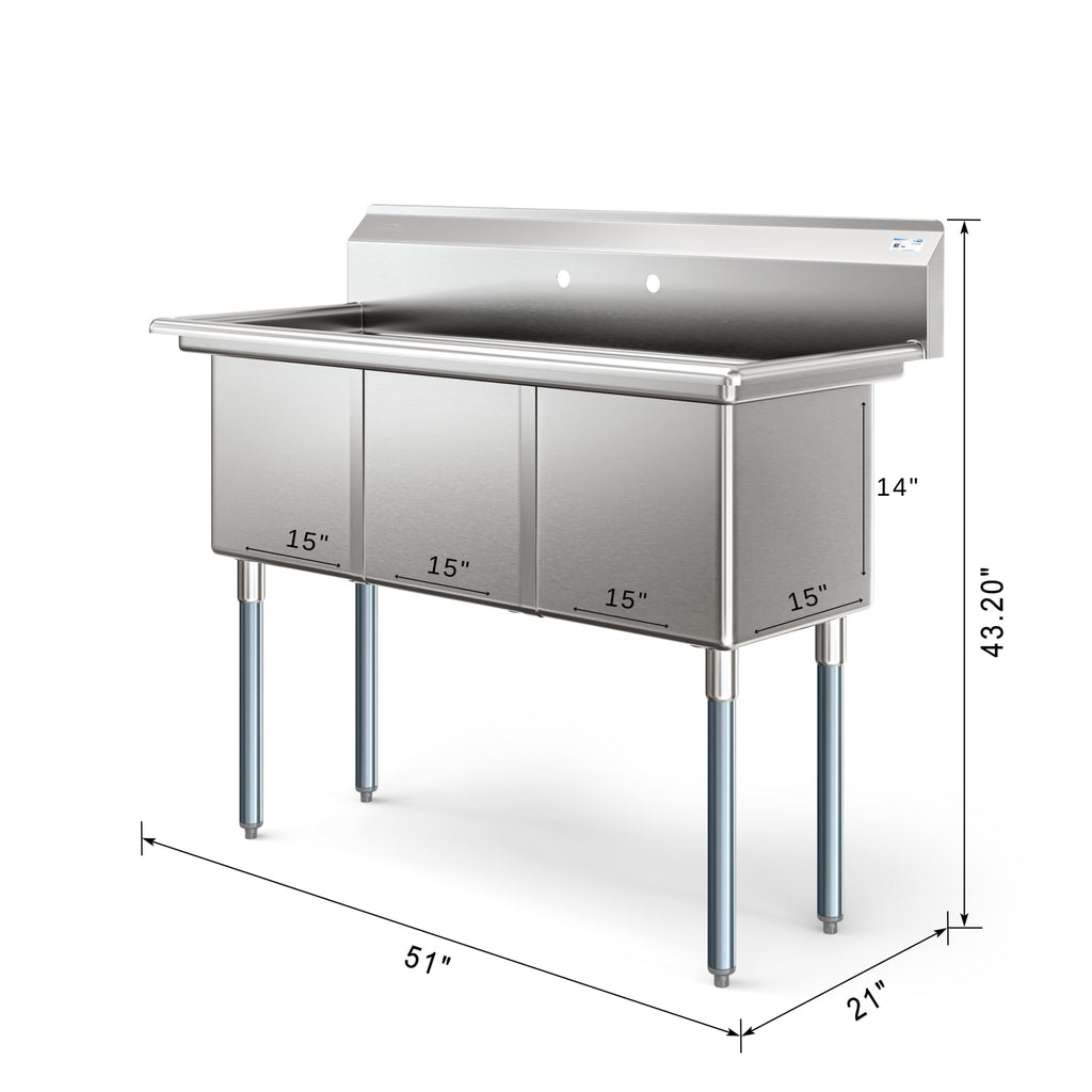 51 in. Three Compartment Commercial Sink, Bowl Size 15x15x14, 18 Gauge Stainless-Steel