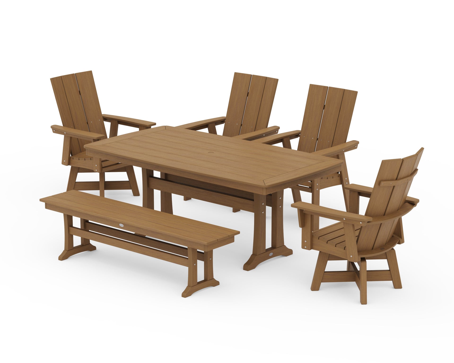 Modern Curveback Adirondack Swivel Chair 6-Piece Dining Set with Trestle Legs and Bench