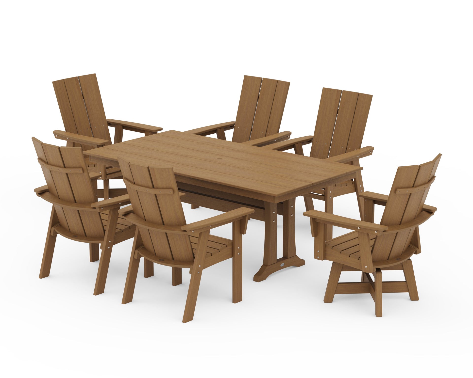 Modern Curveback Adirondack Swivel Chair 7-Piece Farmhouse Dining Set With Trestle Legs