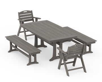 Nautical Folding Lowback Chair 5-Piece Dining Set with Trestle Legs and Benches
