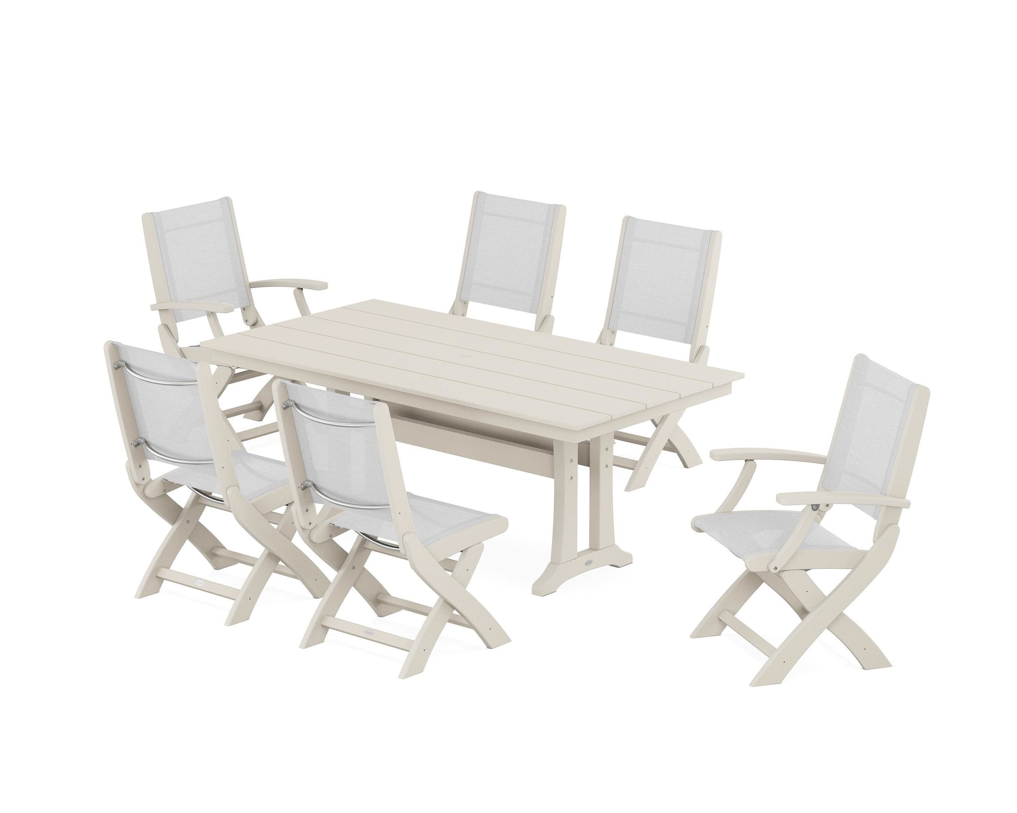 Coastal Folding Chair 7-Piece Farmhouse Dining Set with Trestle Legs