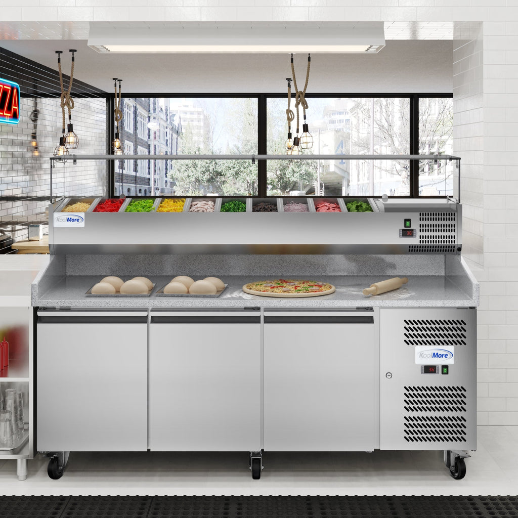 79 in. Three-Door Commercial Refrigerated Granite Top Pizza Prep Station With a Refrigerated Stainless-Steel Condiment Pan Holder