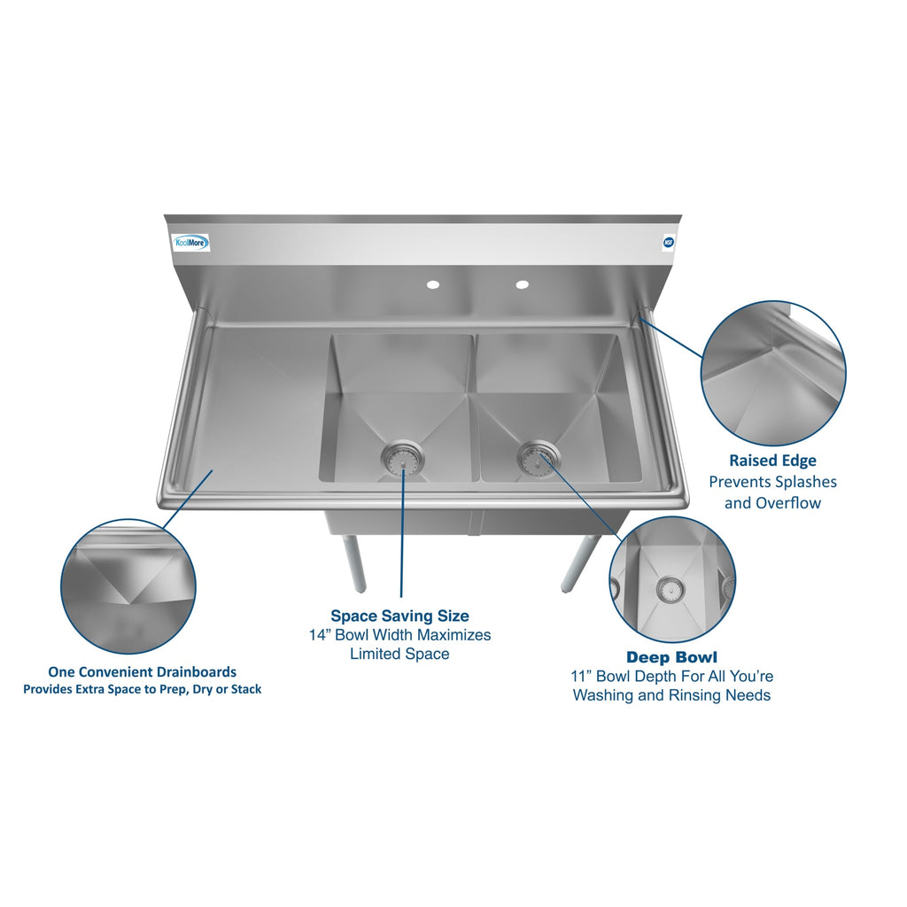 43 in. Two Compartment Stainless Steel Commercial Sink with Drainboard, Bowl Size 14"x 16"x 11"