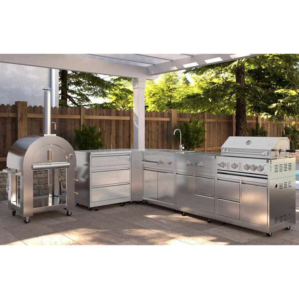 KoolMore Outdoor Kitchen Series Modular Kitchen with a Wood fire Pizza Oven, 3 Drawer Cabinet, Corner Cabinet, Sink, Side Buner, 30 in. BBQ Grill and Cabinet in Stainless-Steel