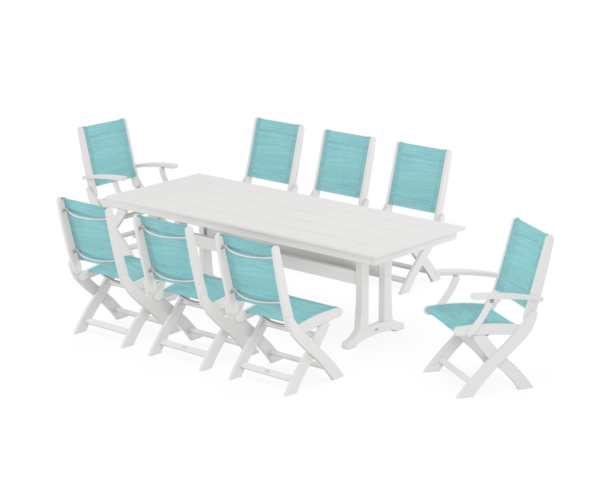 Coastal 9-Piece Folding Dining Chair Farmhouse Dining Set with Trestle Legs