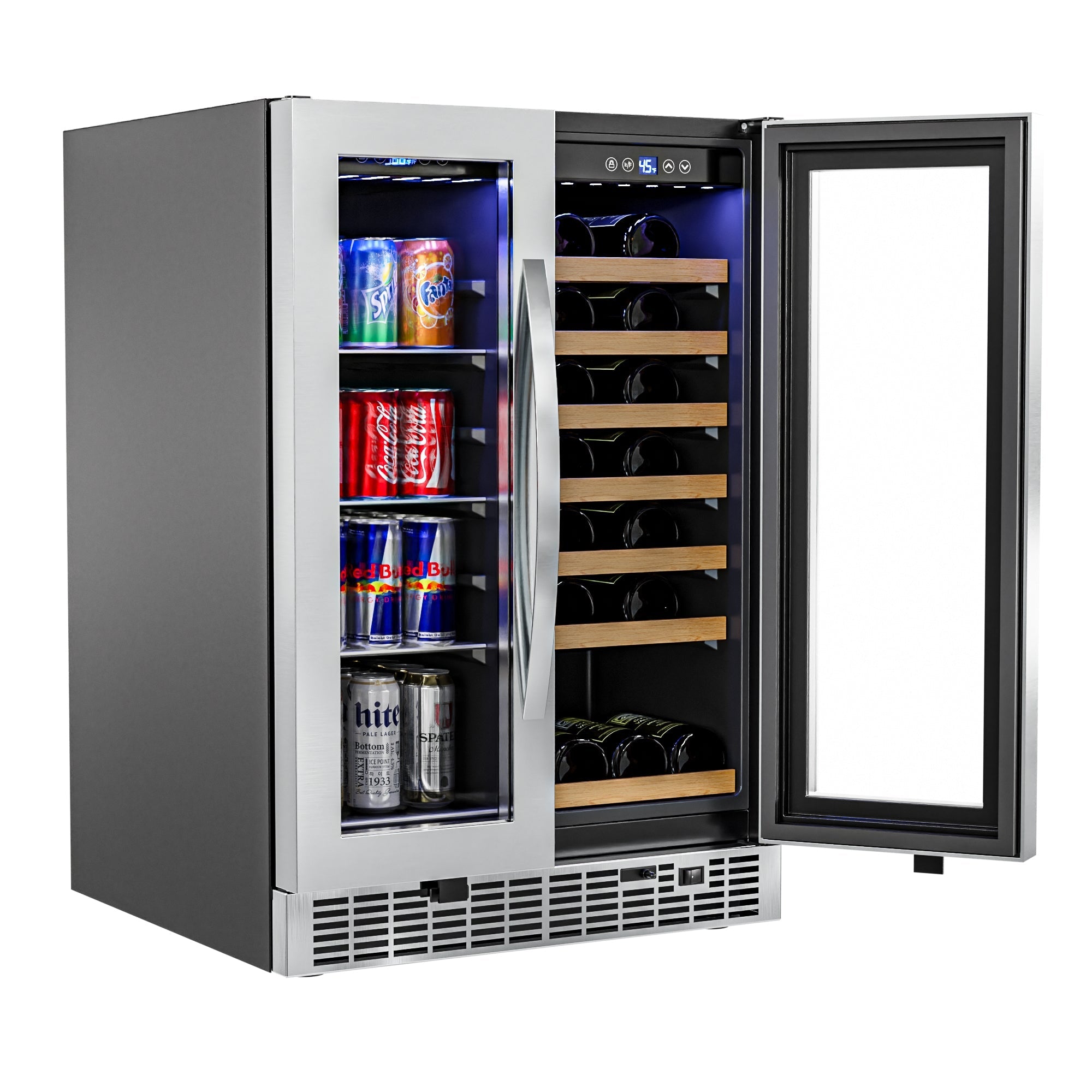 24 in. Dual Zone, Full Glass Door, 21-Bottle/60-Can Wine and Beverage Cooler, Freestanding or Built-in Unit, 4 cu ft.