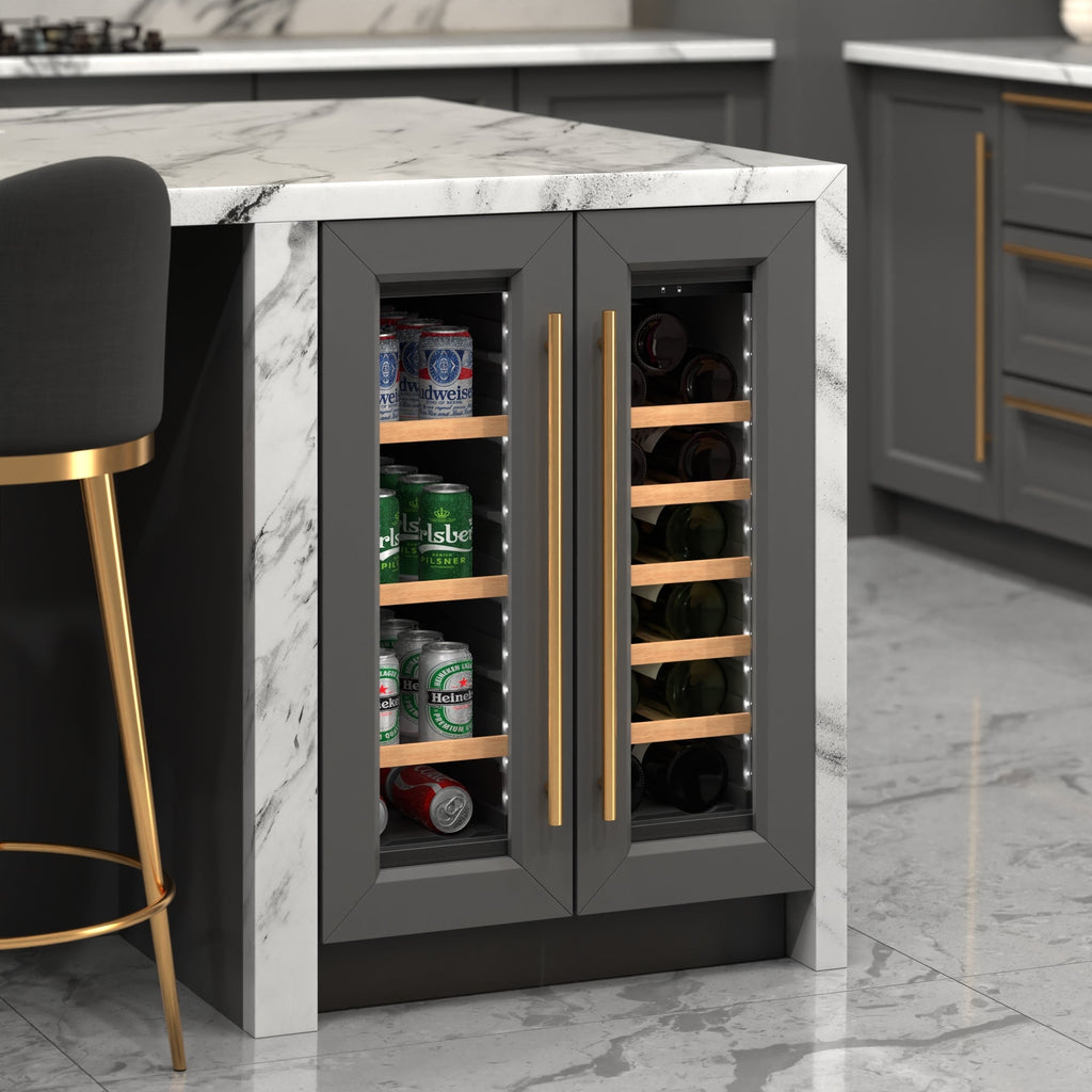 KoolMore Reserve 24 in. French Door Dual Zone Panel Ready Under-Counter Cooler with Wooden Shelves and 20 Bottle Capacity in the Right Zone and 2.1 Cu. Ft. on the Left in Black