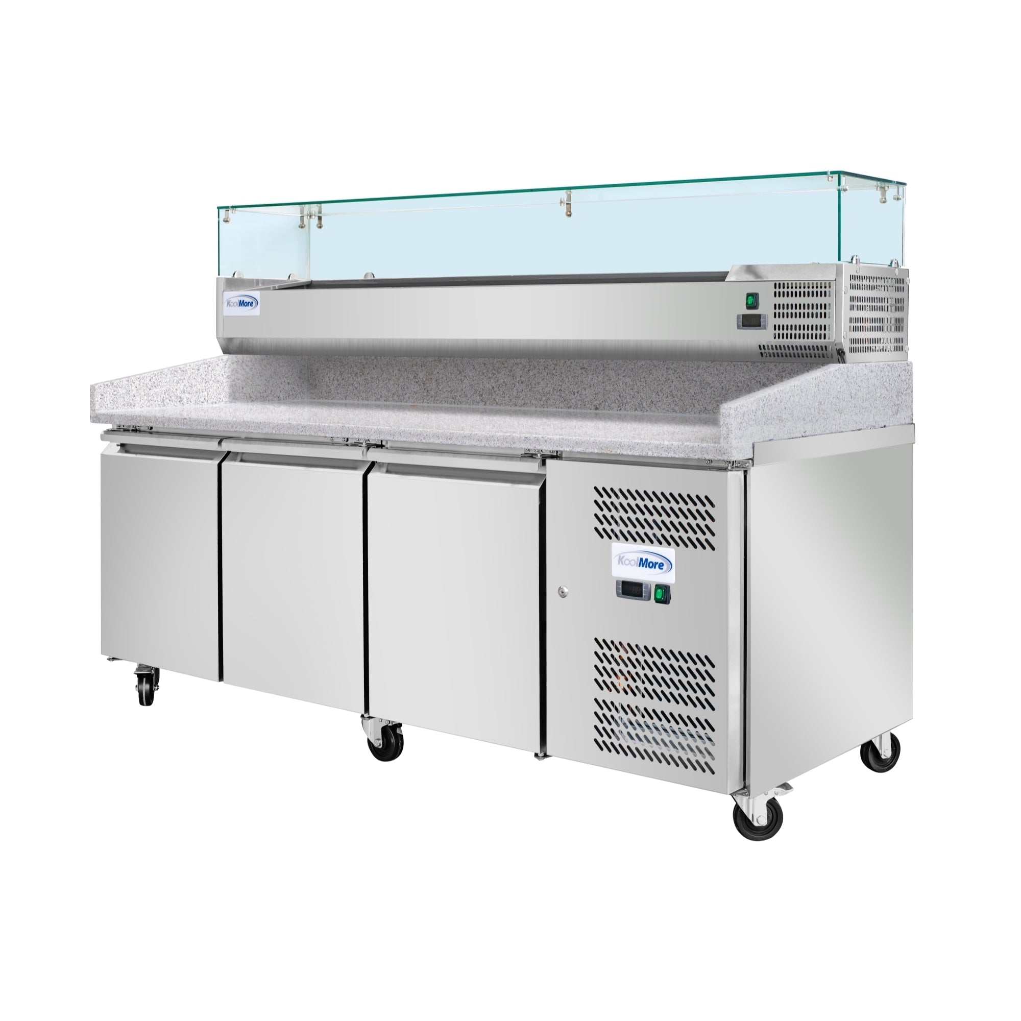 79 in. Three-Door Commercial Refrigerated Granite Top Pizza Prep Station With a Refrigerated Stainless-Steel Condiment Pan Holder