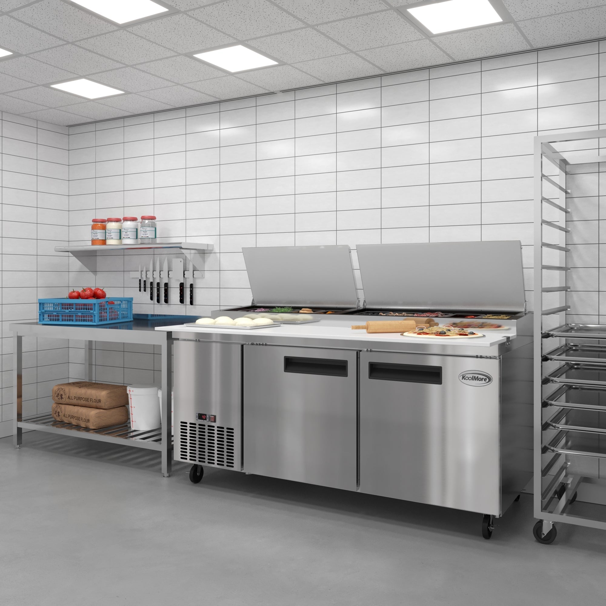 71 in. Two Door Commercial Pizza Prep Refrigerator in Stainless-Steel
