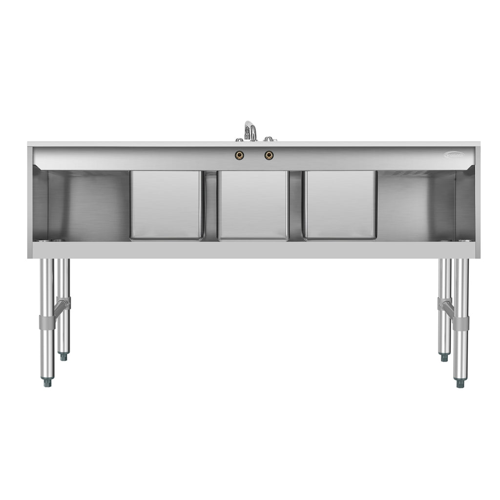 60 in. Three-Compartment Commercial Bar-Sink with 3 in. Backsplash, Dual Drainboards with Low Lead Faucet, NSF Certified in Stainless-Steel