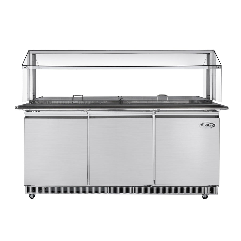72 in. Commercial Refrigerated Prep Station with Sneeze Guard and Buffet Slide, 15-Pan (Not Included) Capacity and Three Adjustable Shelves in Stainless-Steel, ETL Listed