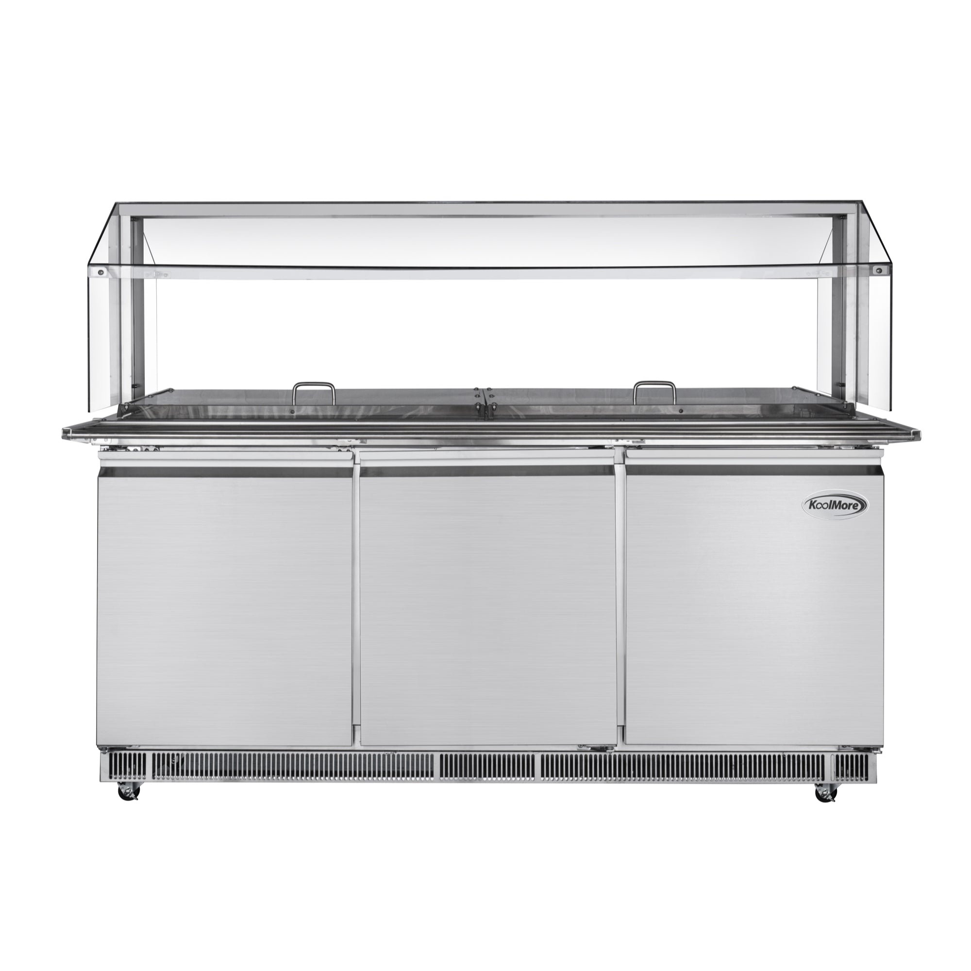 72 in. Commercial Refrigerated Prep Station with Sneeze Guard and Buffet Slide, 15-Pan (Not Included) Capacity and Three Adjustable Shelves in Stainless-Steel, ETL Listed