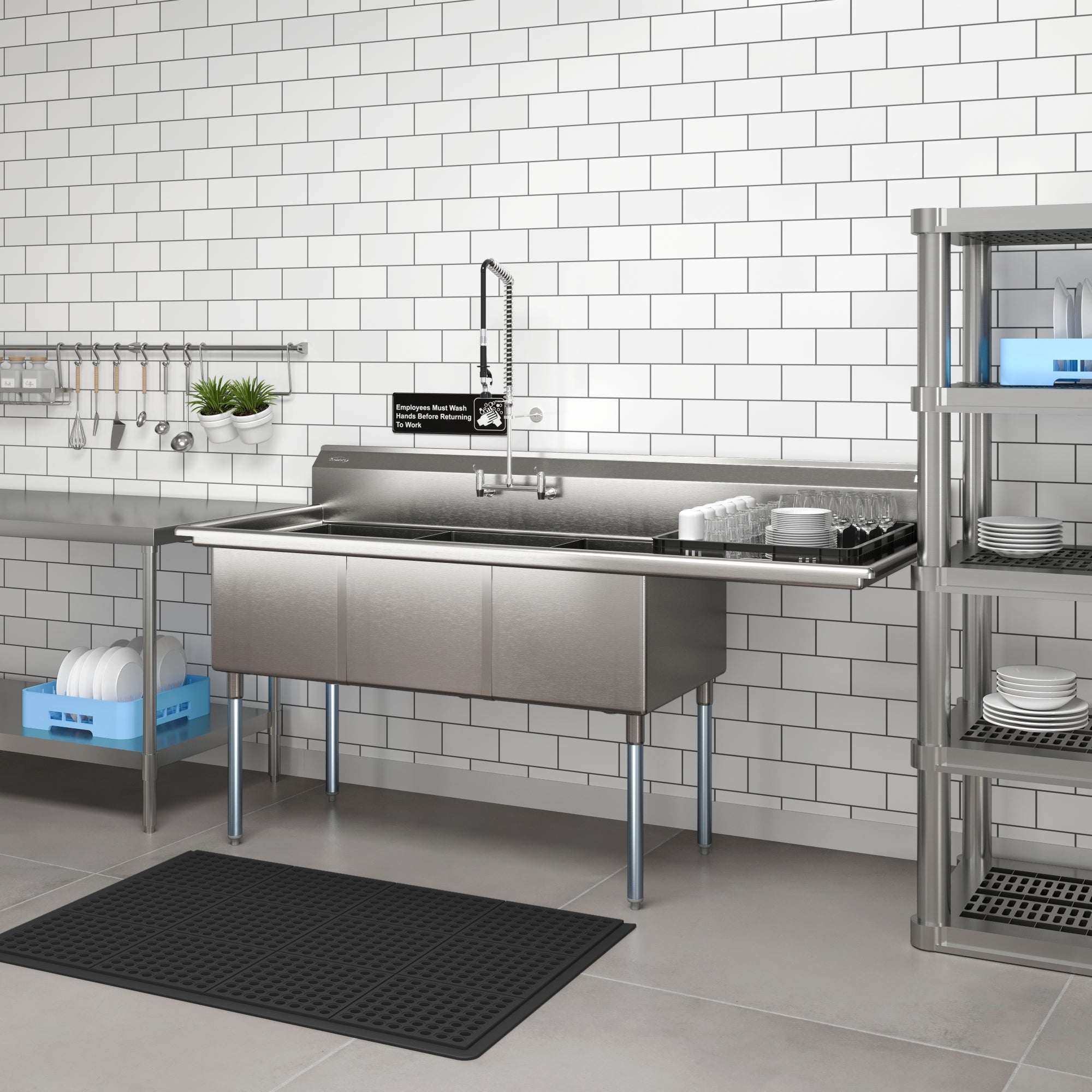 81 in. Three Compartment Commercial Sink Bowl Size 18x24x14 Stainless-Steel 18 Gauge with Right Drainboard
