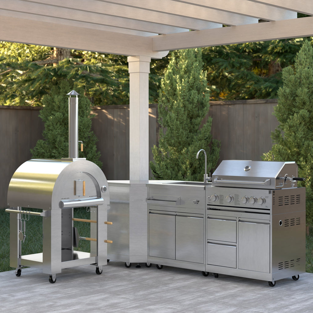 KoolMore Outdoor Kitchen Series Modular Kitchen with a Wood Fire Pizza Oven, Corner Cabinet, Sink, 30 in. BBQ Grill and Cabinet in Stainless-Steel