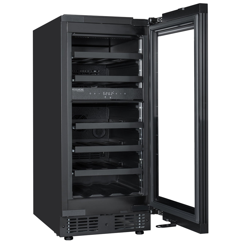 KoolMore Reserve 15 in. Under-Counter Panel Ready Dual Zone Built-in Wine Cooler with Black Shelves and 23 Bottle Capacity in Black