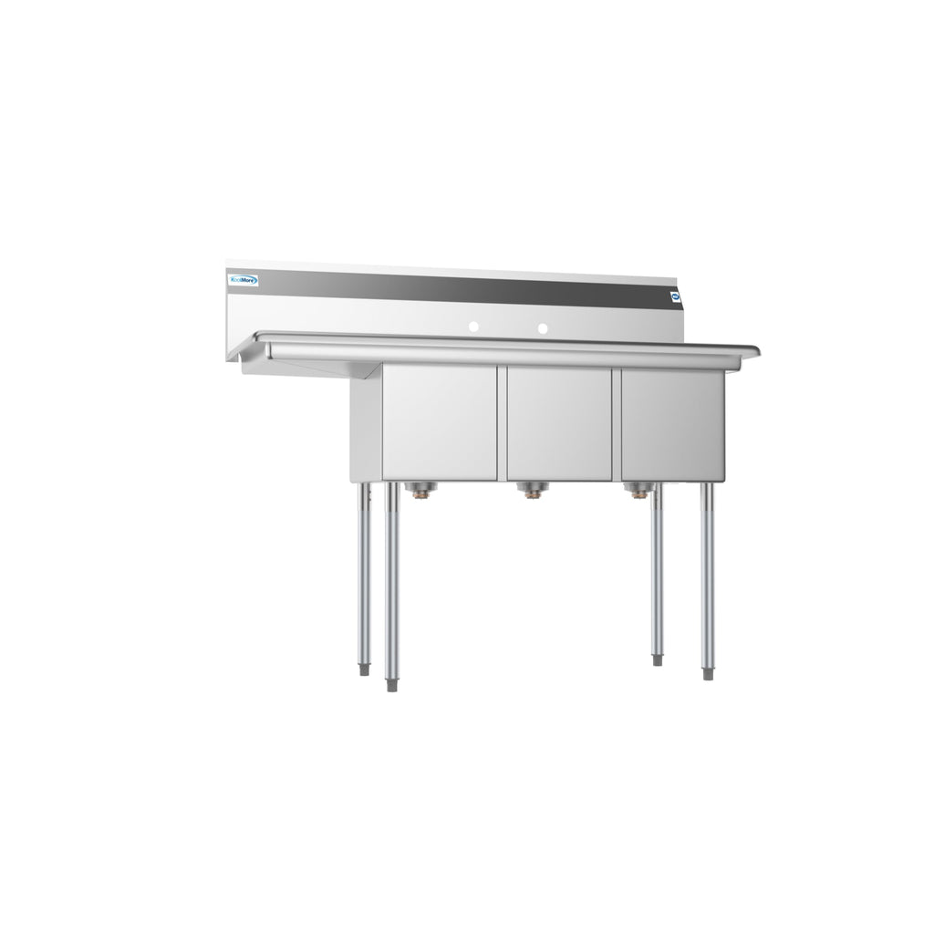 51 in. Three Compartment Stainless Steel Commercial Sink with Drainboard, Bowl Size 12"x 16"x 10"