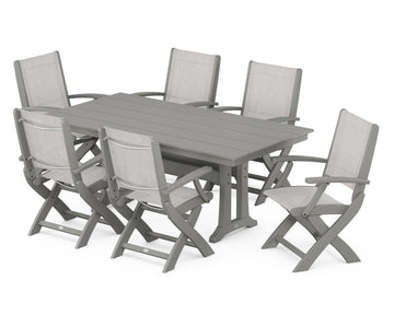 Coastal Folding Arm Chair 7-Piece Farmhouse Dining Set with Trestle Legs