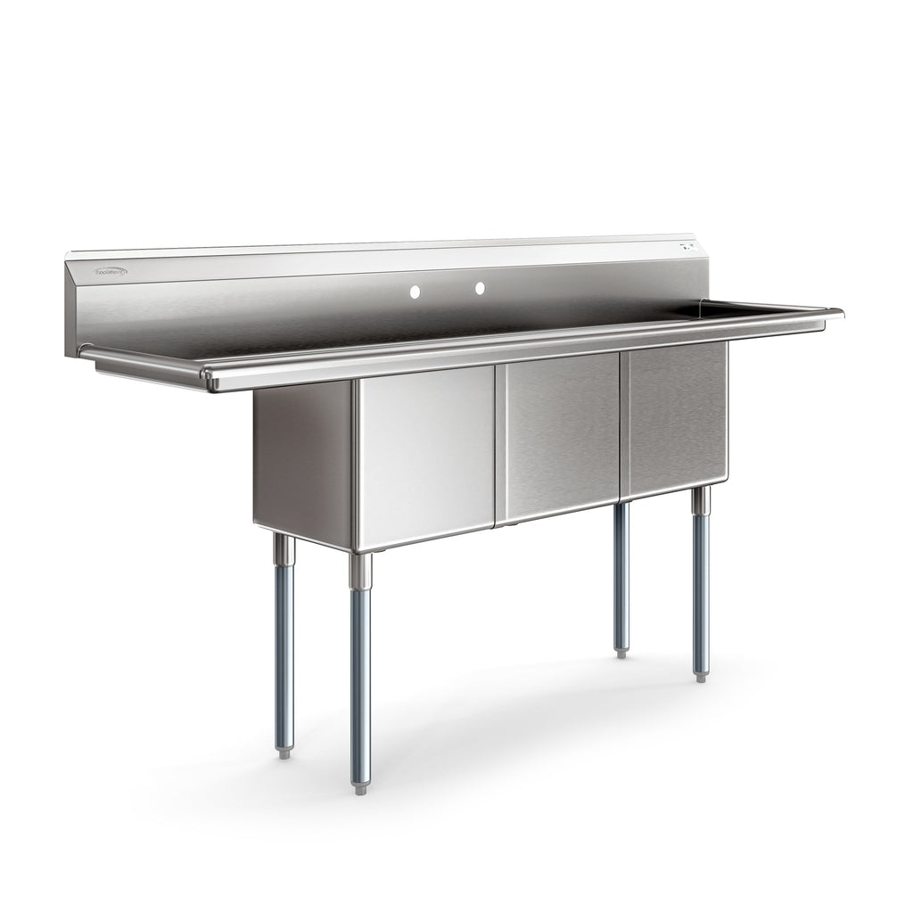 75 in Three Compartment Commercial Sink, Bowl Size 15x15x14, 18 Gauge Stainless-Steel with 2 Drainboards