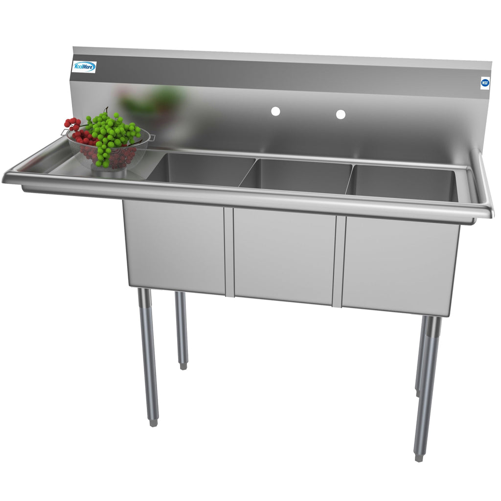 51 in. Three Compartment Stainless Steel Commercial Sink with Drainboard, Bowl Size 12"x 16"x 10"