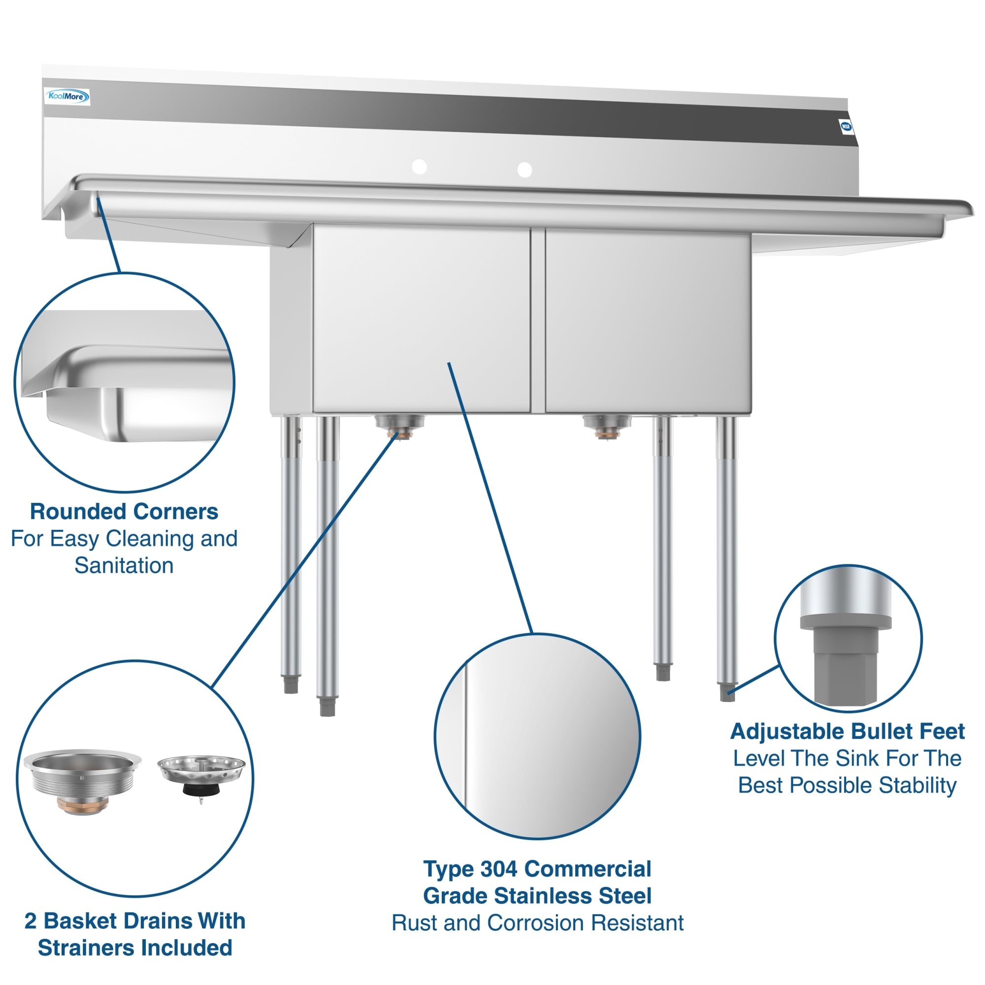 60 in. Two Compartment Stainless Steel Commercial Sink with 2 Drainboards, Bowl Size 15"x 15"x 12"