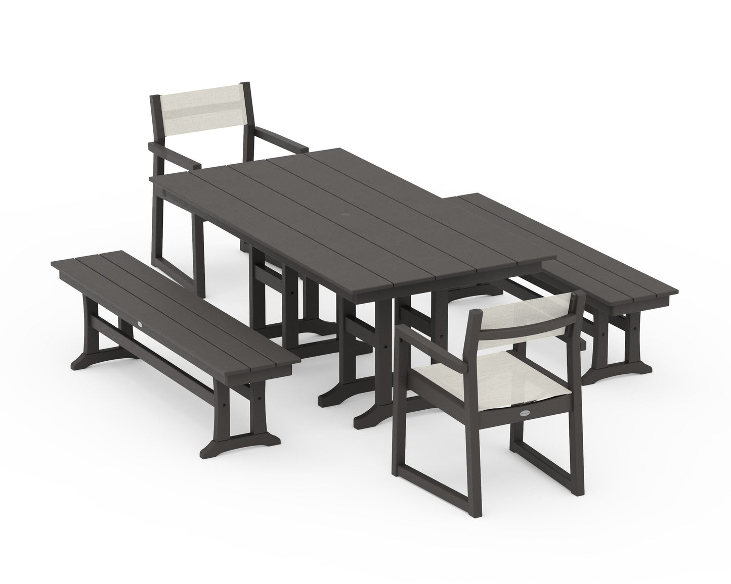 EDGE Sling Arm Chair 5-Piece Farmhouse Dining Set with Benches