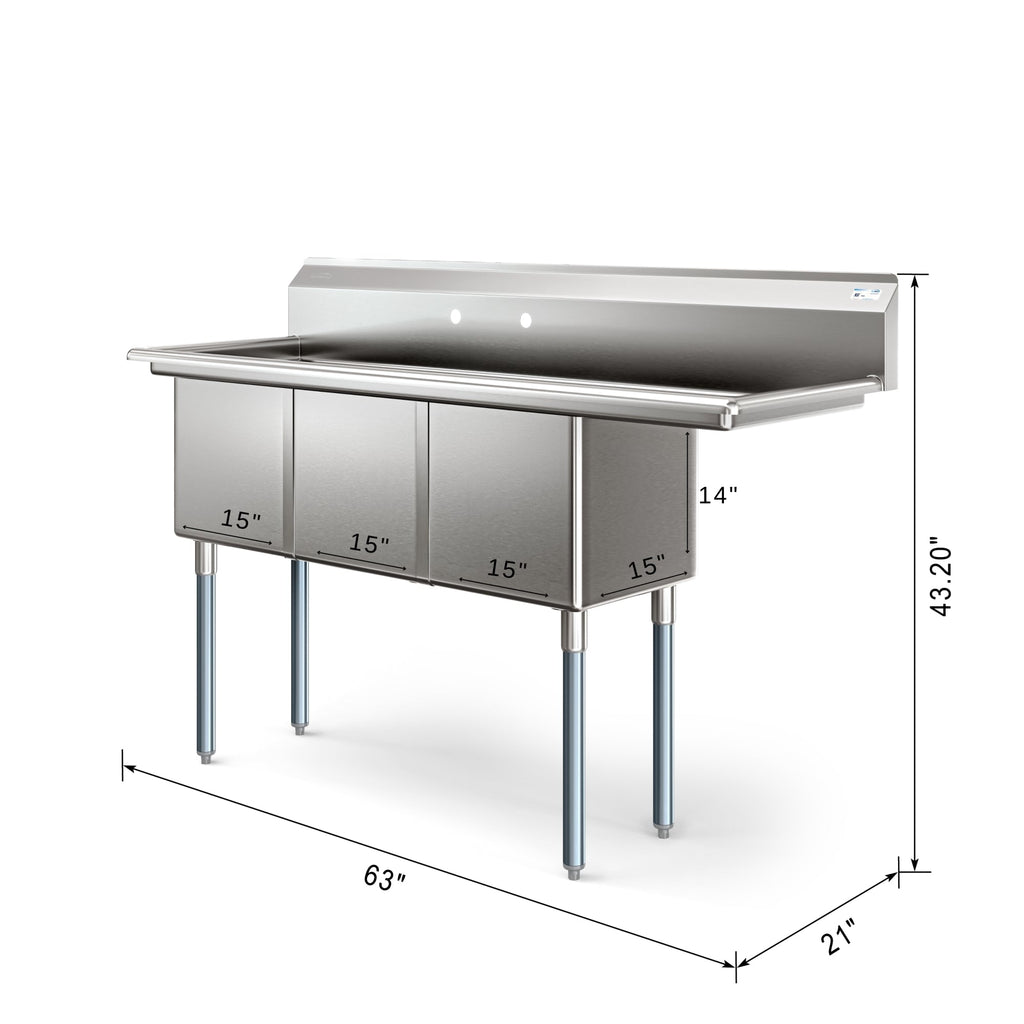 63 in. Three Compartment Commercial Sink, Bowl Size 15x15x14, 18-Gauge Stainless-Steel with Right Drainboard