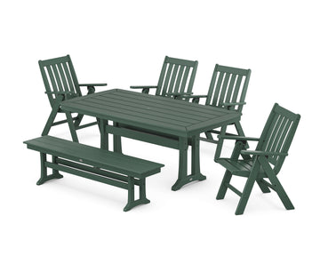 Vineyard Folding Chair 6-Piece Dining Set with Trestle Legs and Bench