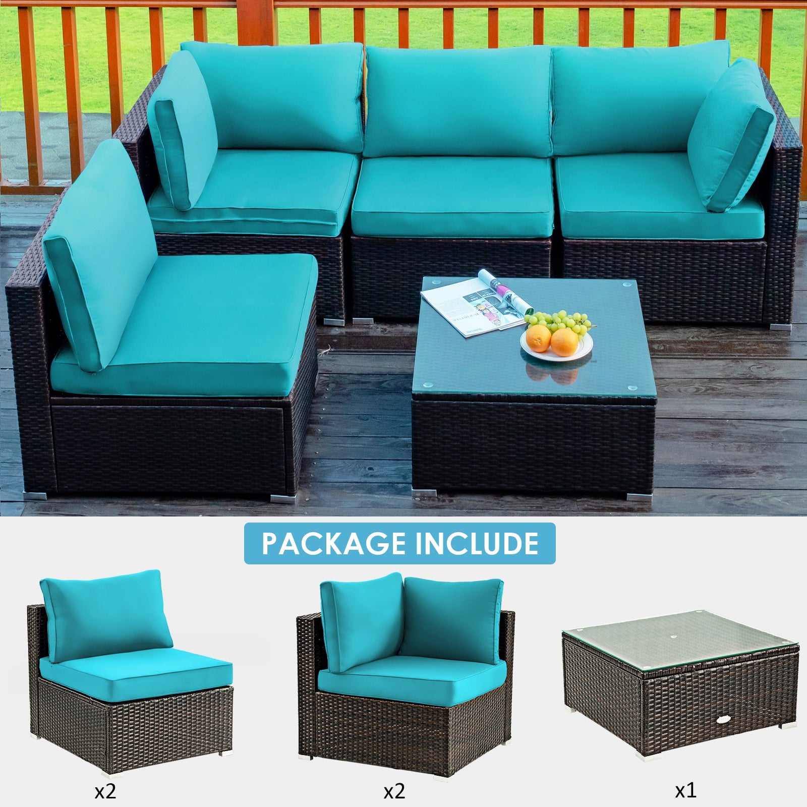 Costway 5-Piece Cushioned Patio Rattan Sofa Set with Glass Table Turquoise 80457192 New
