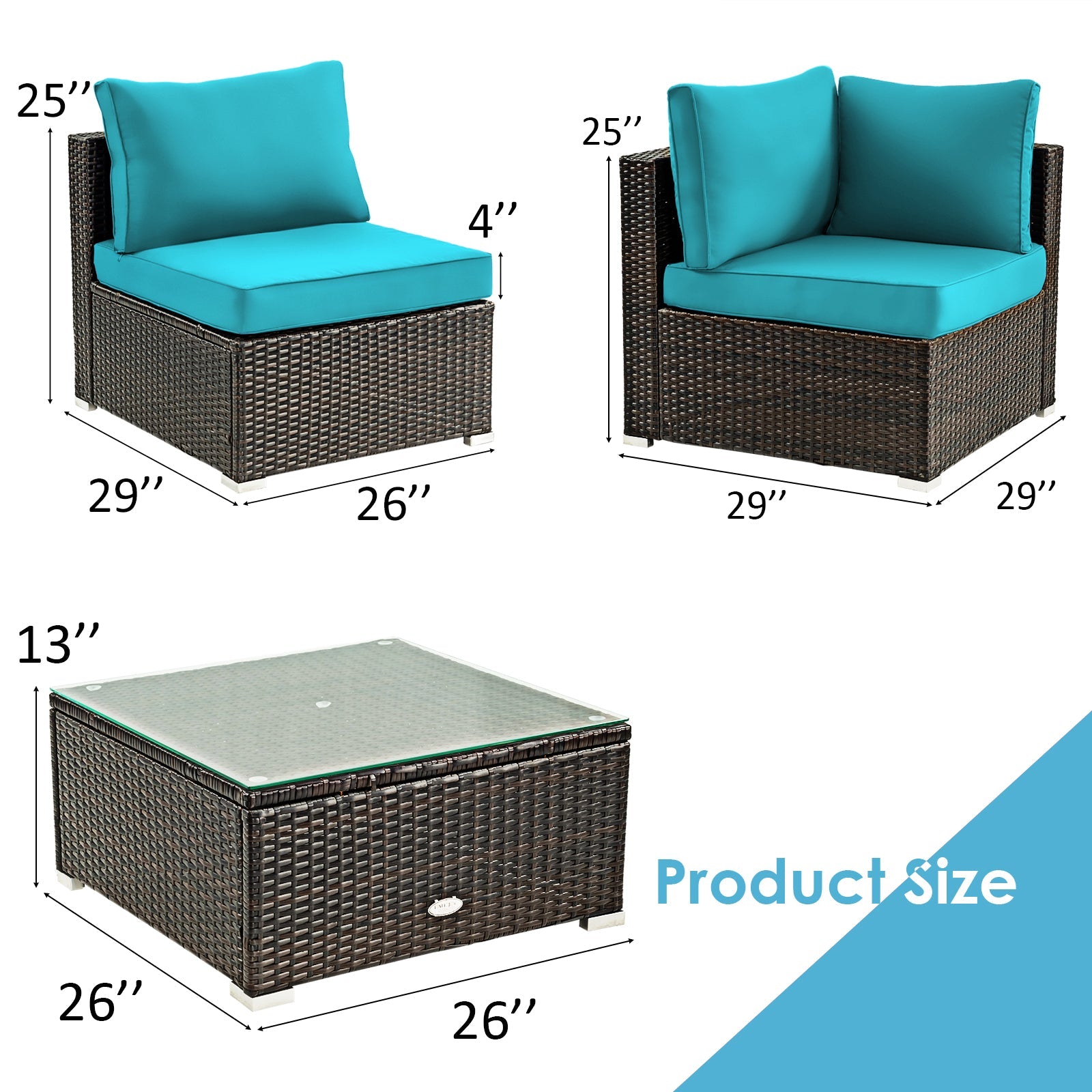 Costway 5-Piece Cushioned Patio Rattan Sofa Set with Glass Table Turquoise 80457192 New