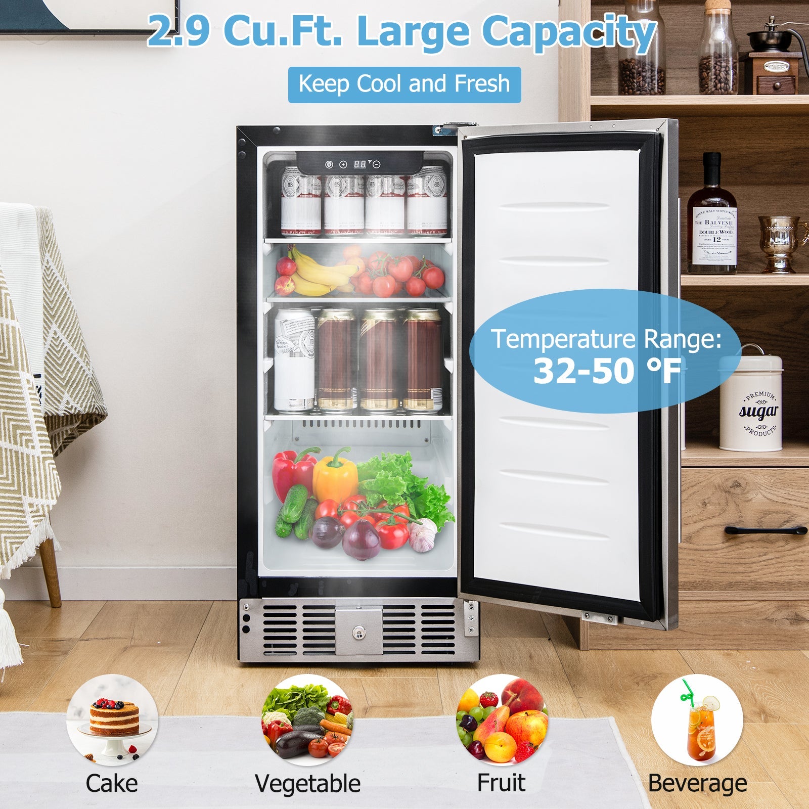 Costway Compact Refrigerator Stainless Steel Door Adjustable Thermostat 27365841 New