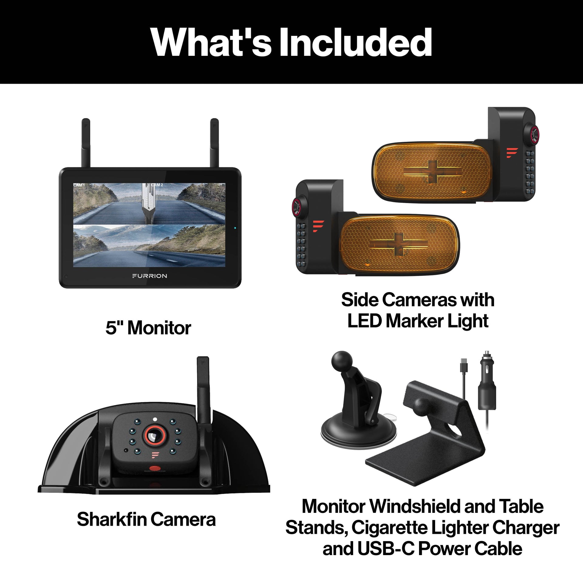 Furrion Vision S+ RV Observation System 5" Monitor Side Cameras Rear Sharkfin Camera New