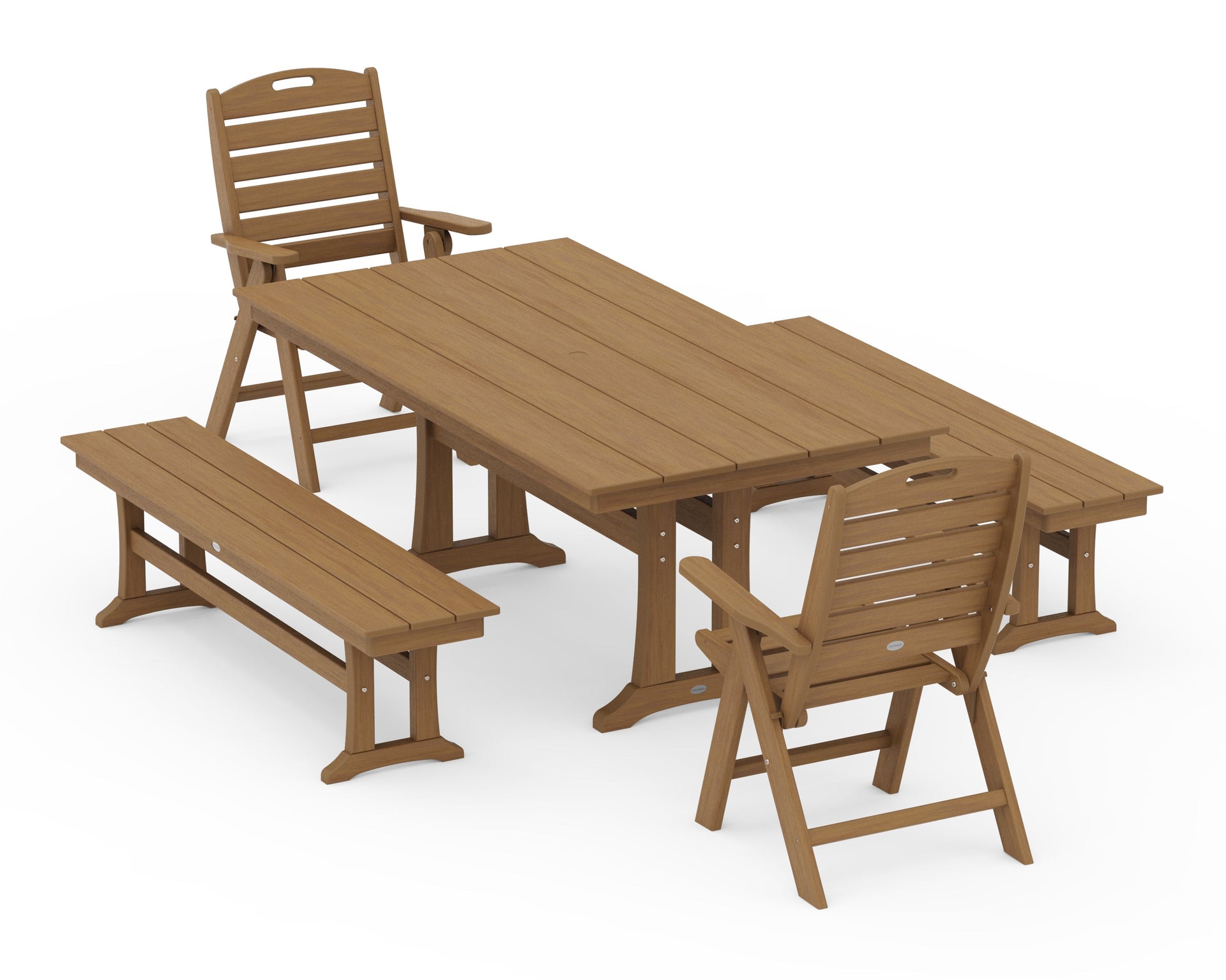 Nautical Folding Highback Chair 5-Piece Farmhouse Dining Set With Trestle Legs and Benches