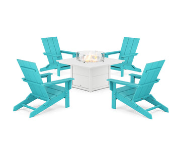 5-Piece Modern Studio Folding Adirondack Conversation Set with Fire Pit Table
