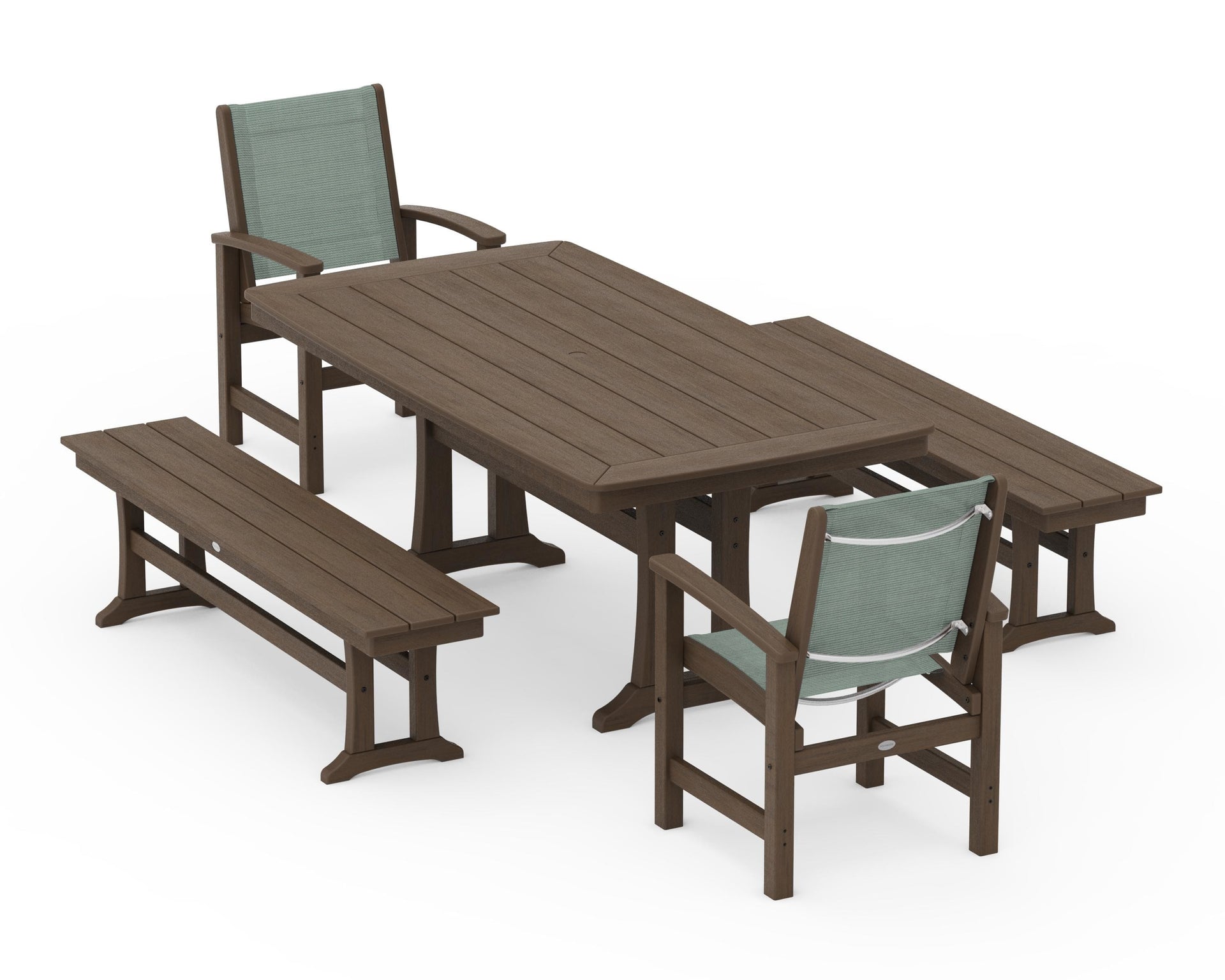 Coastal 5-Piece Dining Set with Trestle Legs and Benches