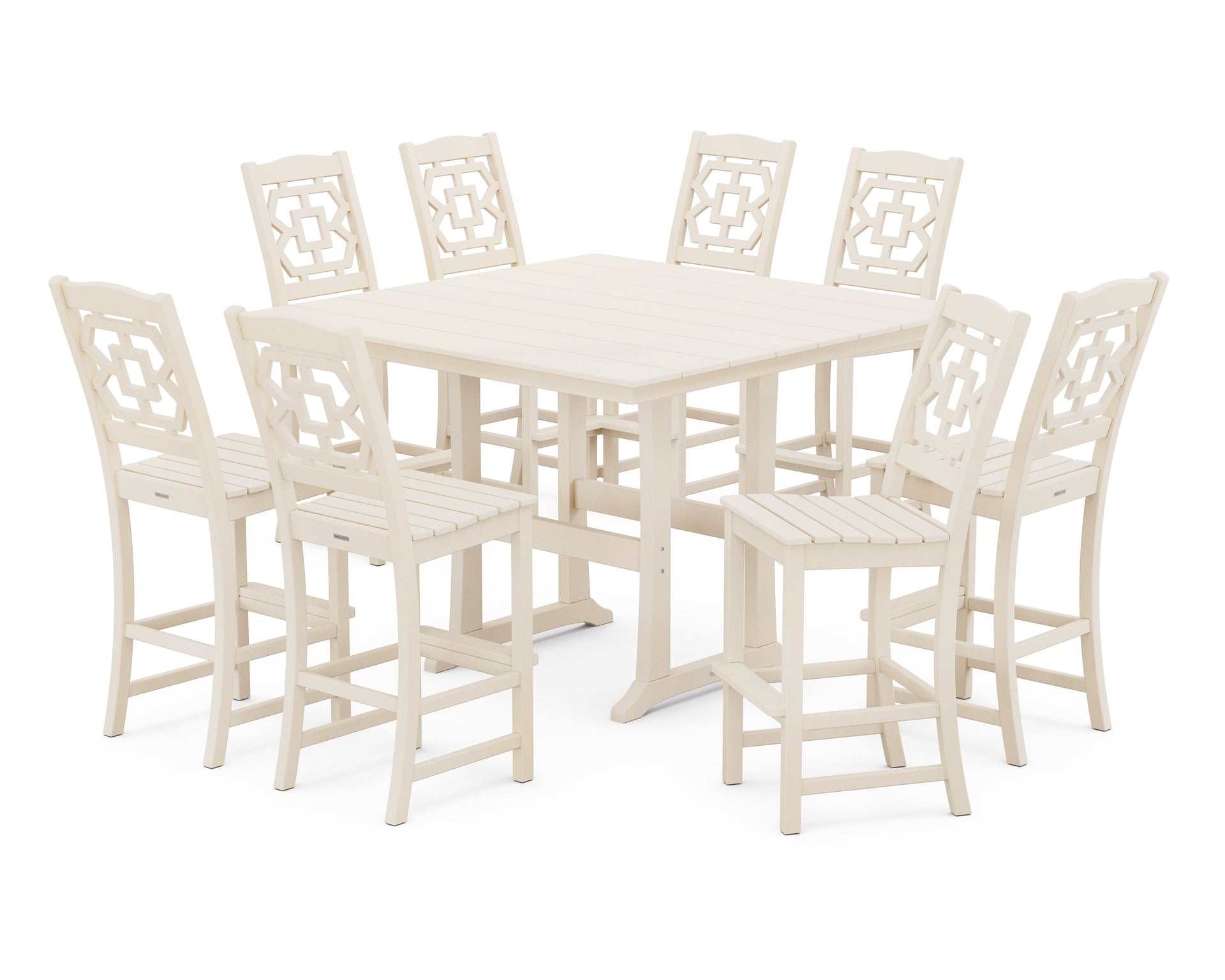 Chinoiserie 9-Piece Square Farmhouse Side Chair Bar Set with Trestle Legs