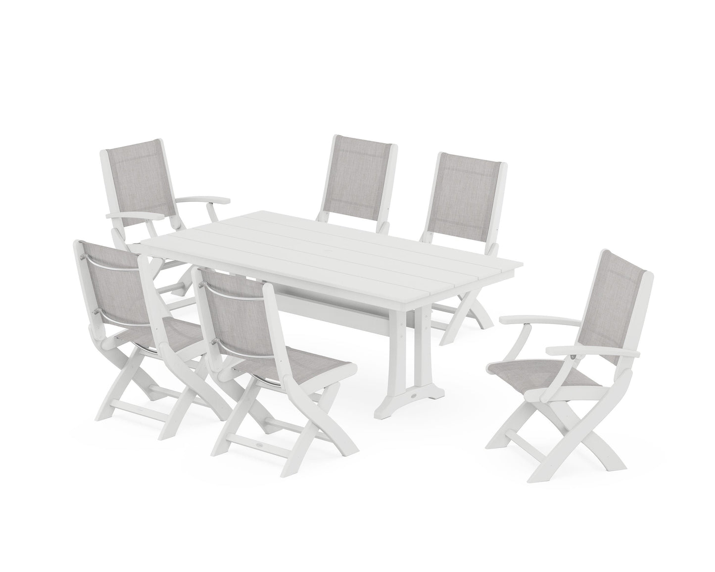 Coastal Folding Chair 7-Piece Farmhouse Dining Set with Trestle Legs