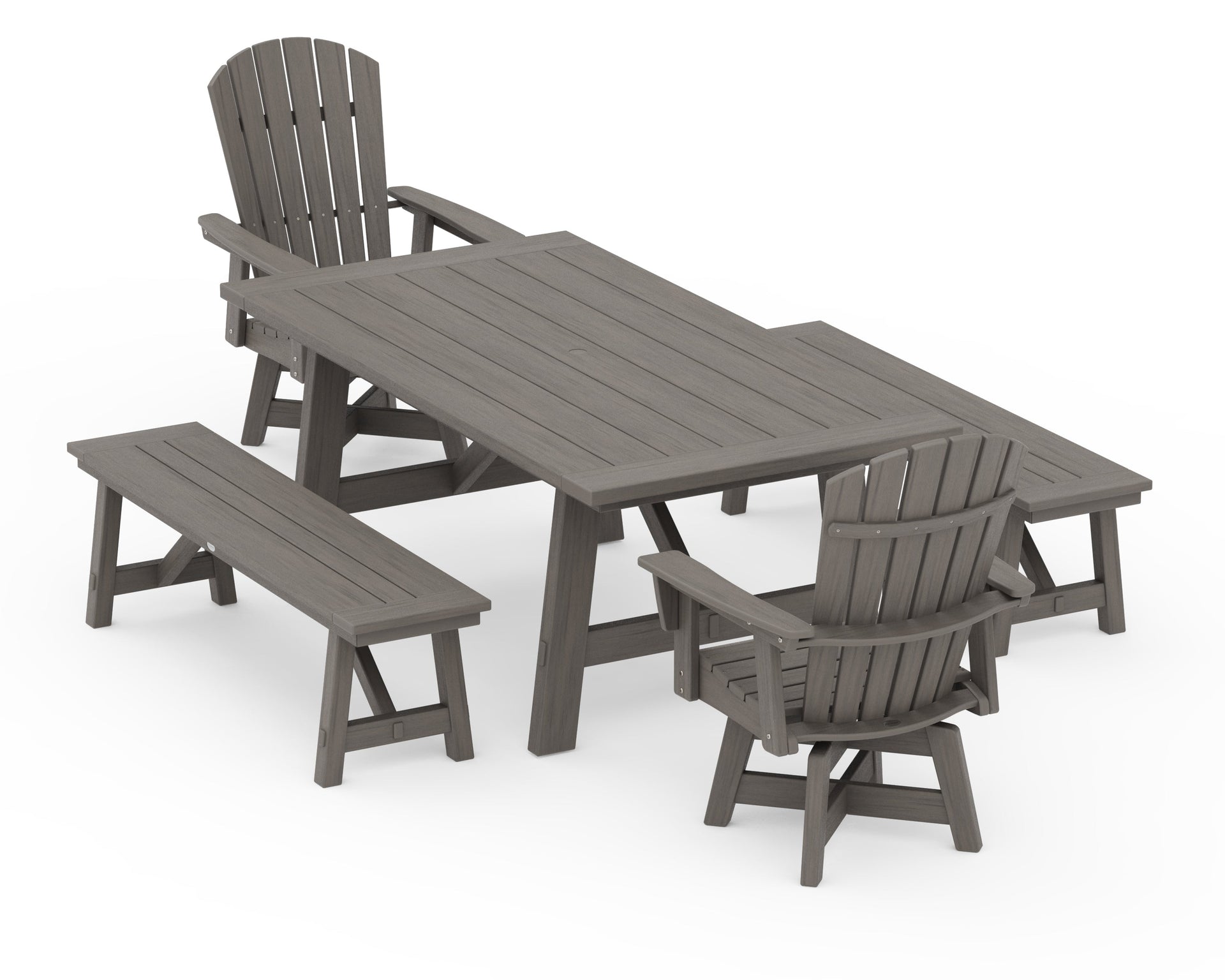 Nautical Curveback Adirondack Swivel Chair 5-Piece Rustic Farmhouse Dining Set With Benches