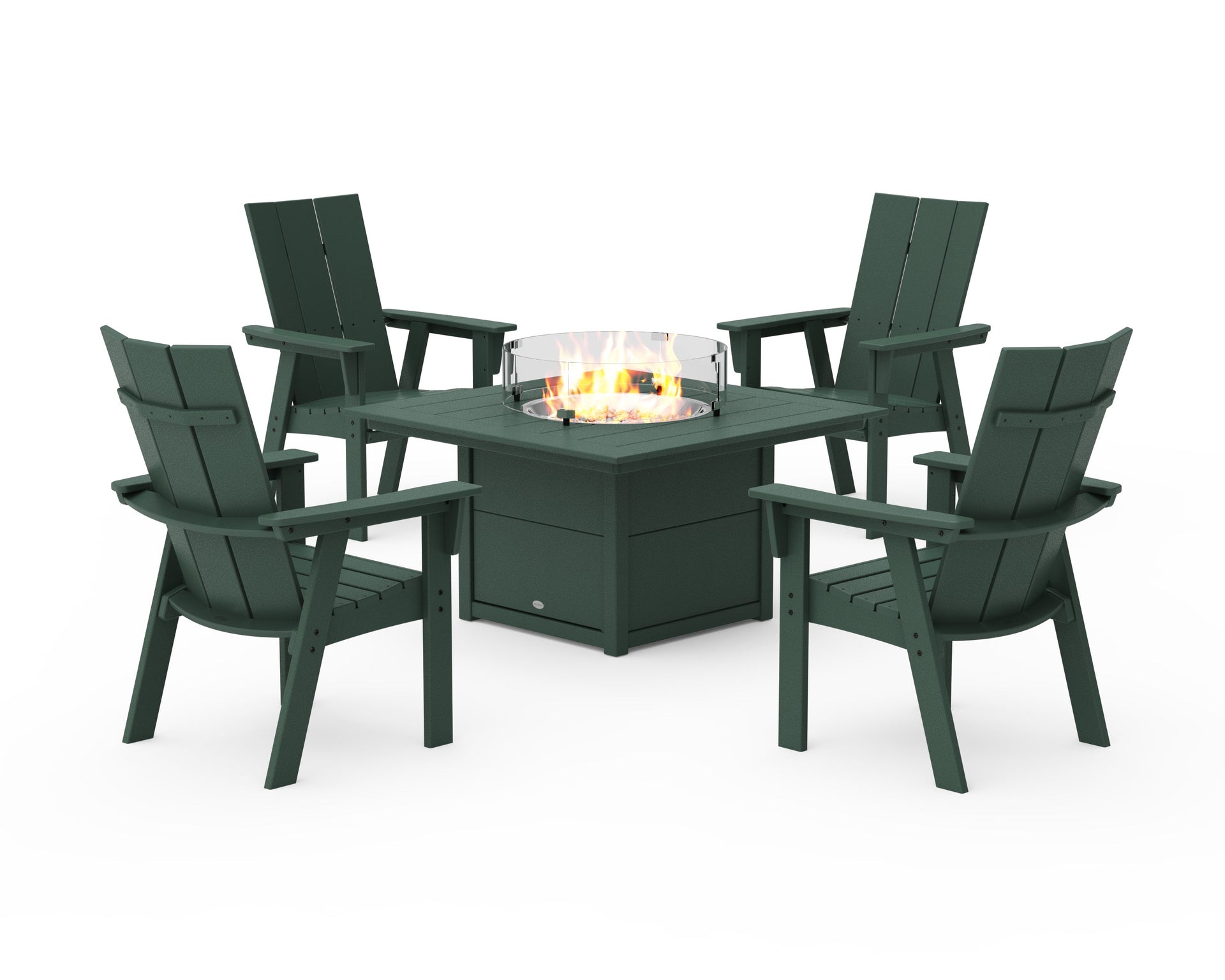 Modern 4-Piece Curveback Upright Adirondack Conversation Set with Fire Pit Table