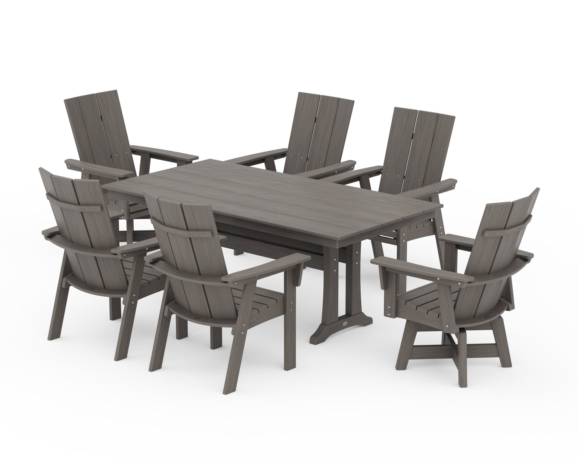 Modern Curveback Adirondack Swivel Chair 7-Piece Farmhouse Dining Set With Trestle Legs