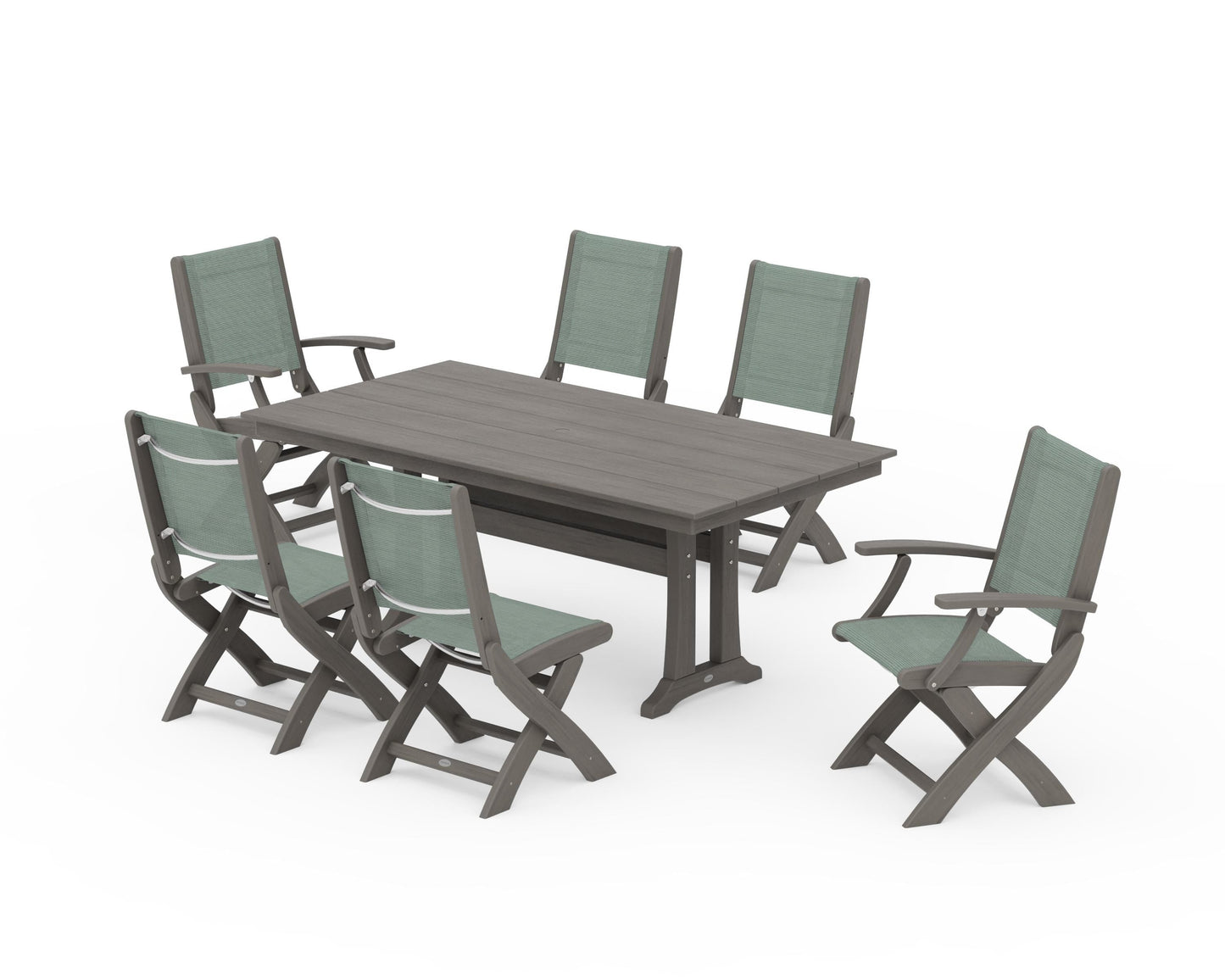 Coastal Folding Chair 7-Piece Farmhouse Dining Set with Trestle Legs