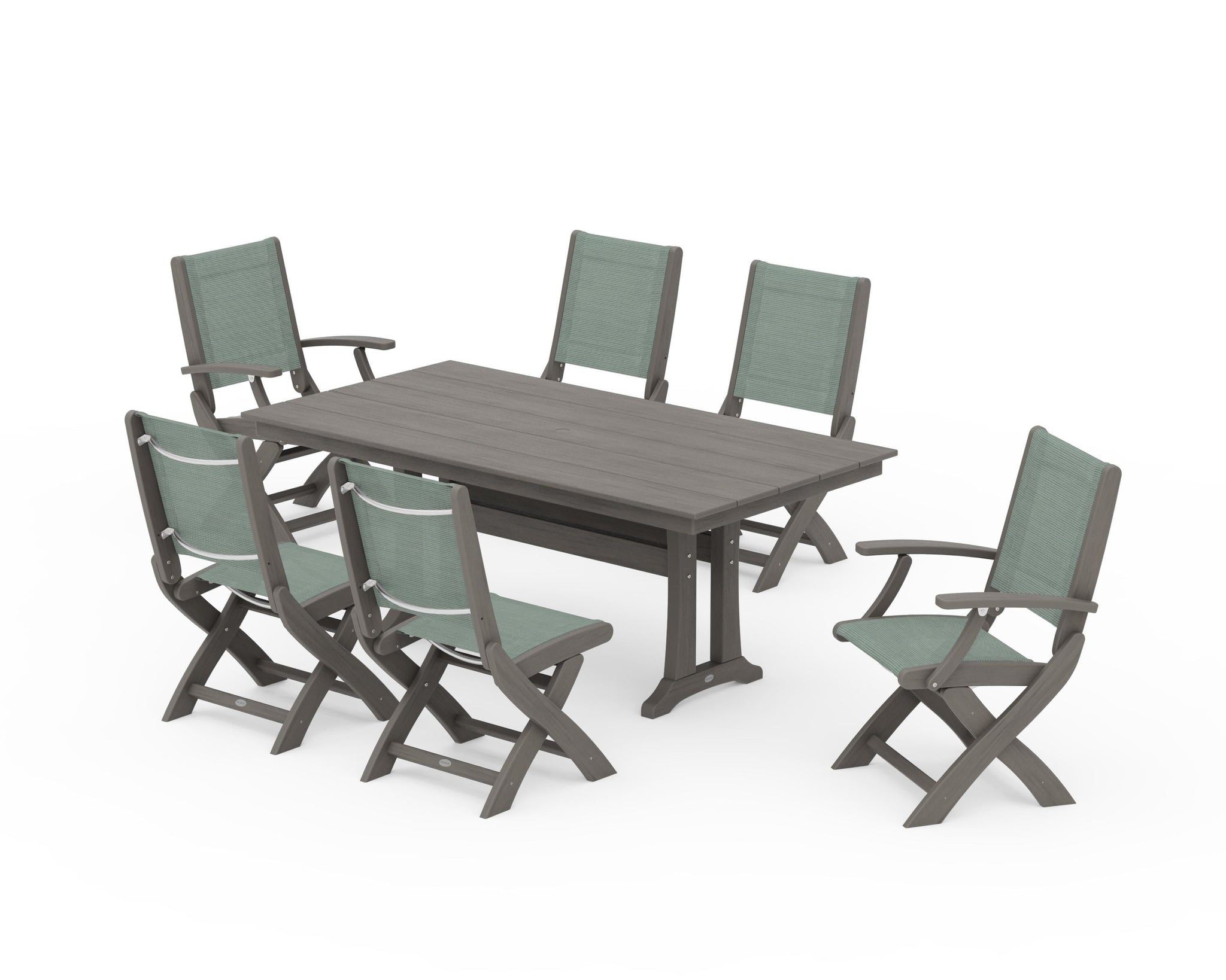 Coastal Folding Chair 7-Piece Farmhouse Dining Set with Trestle Legs