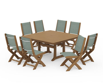 Coastal Folding Side Chair 9-Piece Dining Set with Trestle Legs