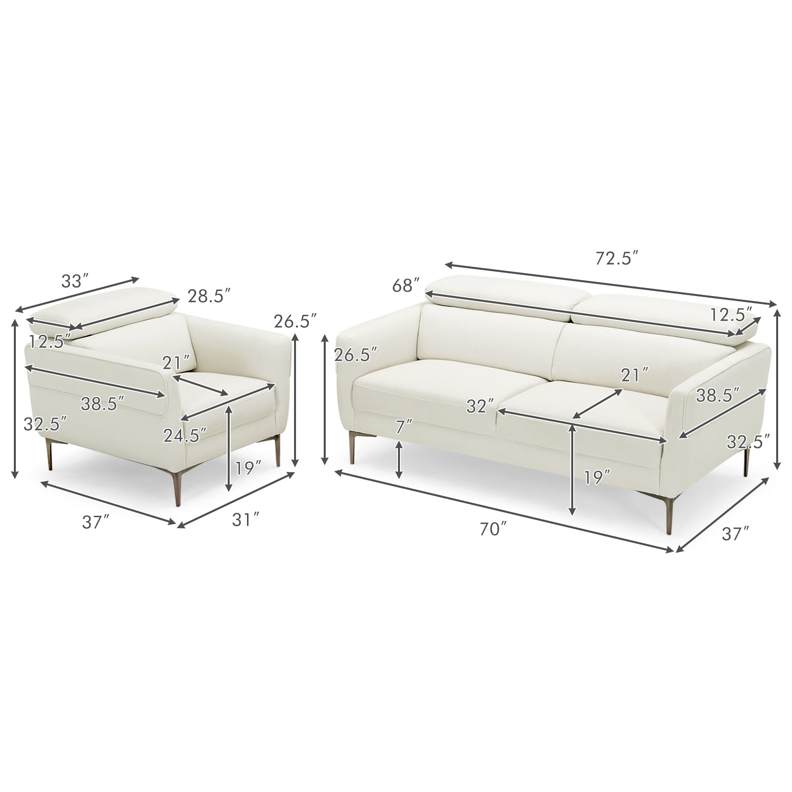 Costway Modern Sofa Set Adjustable Headrest 26731598 New