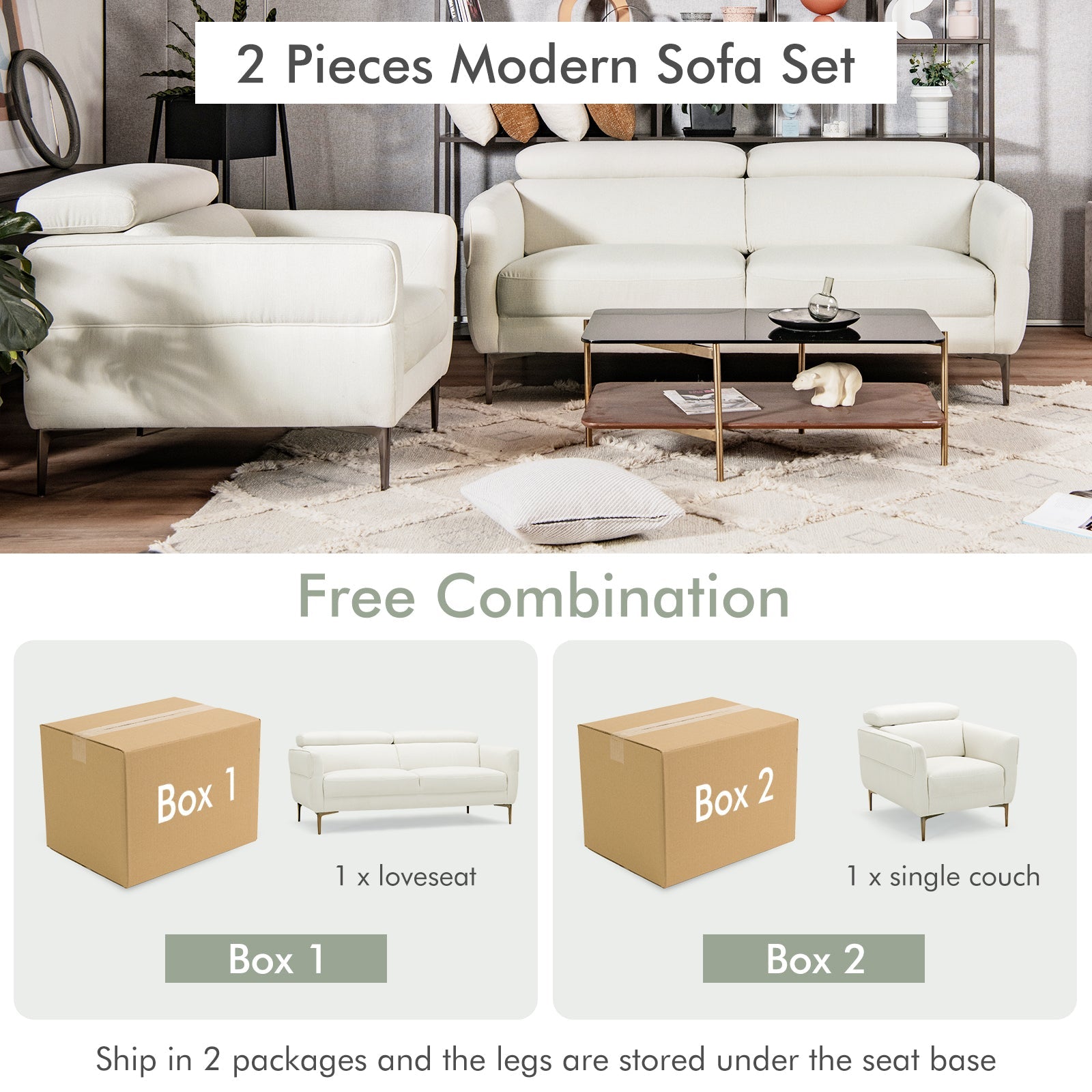 Costway Modern Sofa Set Adjustable Headrest 26731598 New